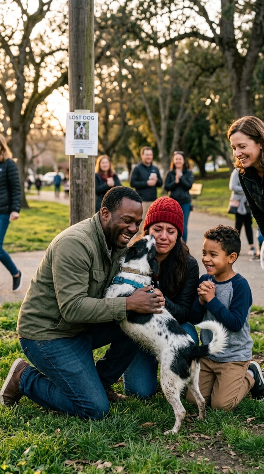 A family reunited with their lost dog in a park